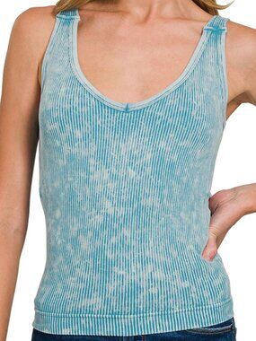 Stone Washed Ribbed Seamless Tank Top w/ Bra Pad in Ice Blue